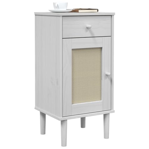 Gecheer Nachttisch,Nachtschrank mit 1 Schublade 2 Fächern,Beistelltisch Nachtkonsole mit SENJA Rattan-Look Kommode Nachtkommode 40 x 35 x 80 cm (B x T x H) für Schlafzimmer,Massives Kiefernholz Weiß