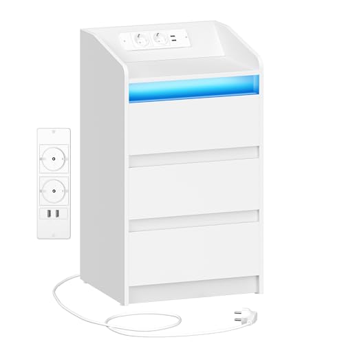 Hzuaneri 3 Schubladen, Beistelltisch Ladestation, 2 AC Steckdosenund 2 USB Anschlüsse für, Wohnzimmer, Weiß NS40003X