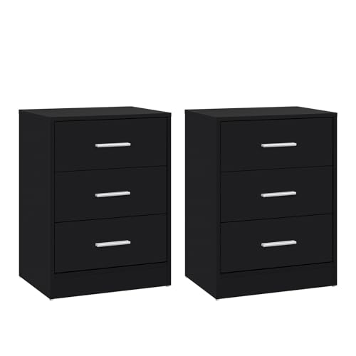 WOLTU Nachttisch 2er Set, Nachtschrank mit 3 Schubladen, Beistelltisch schwarz, Nachtkommode, Kommode Schlafzimmer Wohnzimmer, 39x54x28 cm, NTS26sz-2