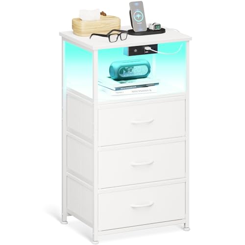 Coleshome Nachttisch Weiß, Nachttisch mit Steckdose und 2 USB und LED-Leuchtbänder, mit 3 Stoffschubladen und 1 Speicherplatz, Geeignet für Kleine Schlafzimmer, 40 * 30 * 70cm, Packung mit 1