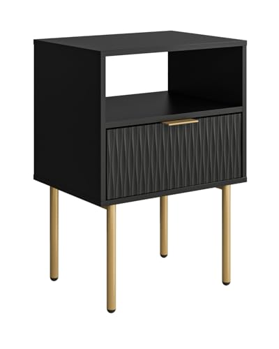 HEYZOEY Nachttisch, Nachtschrank mit 1 offenen Ablagen und 1 Schublade, Modern Nachtkästchen, Nachtkommode für Wohnzimmer, Schlafzimmer, Schwarz und Gold