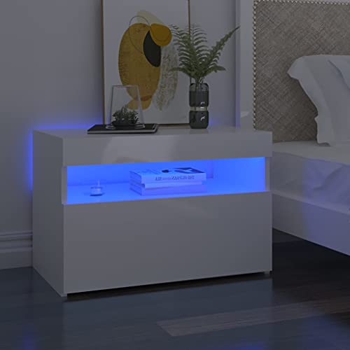 PIXZSSI Schlafzimmer Nachttisch mit LED 60x35x40 cm Beistelltisch Trendigen Praktischen Nachtschrank Hochglanz Weiß Modernen Bücher Sofatisch mit RGB-Leuchten Holzwerkstoff