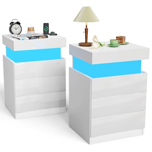 Ysgwsg 2er Set Nachttisch Mit Ladefunktion, Beistelltisch Mit LED Licht und 3 Schubladen, Nachttisch mit Geheimfach, Nachtschränkchen Für Schlafzimmer und Wohnzimmer. (Weiß 2er Set, 67x40x45 cm)