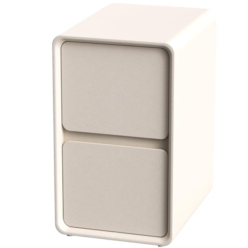 solaround Nachttisch Schmal, Beistelltisch mit 2 Schubladen, Installationfrei, Lederoberfläche, Kleiner Nachttisch für Schlafzimmer (Cremefarben, 30 x 40 x 50 cm)