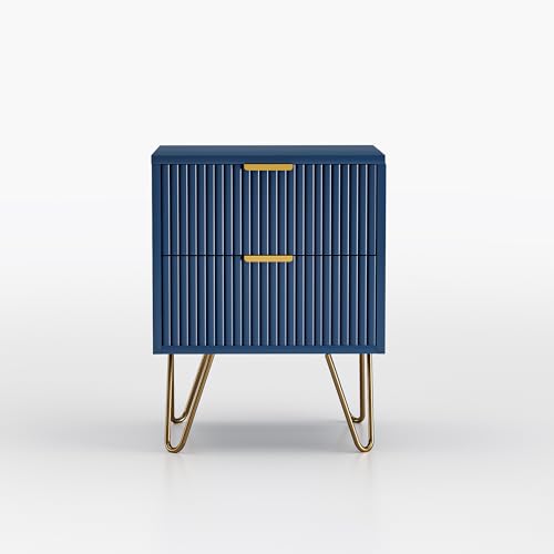 ZHDOKA Nachttisch mit 2 Schubladen, Nachttisch, Sofaspitze, für Wohnzimmer, Schlafzimmer, Büro, 40 x 35,5 x 50 cm, MDF und Metall, Blau + Gold