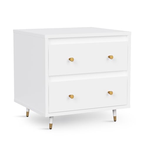 Moderner Nachttisch in Weiß, 40x45x52cm, Holz, 2 Schubladen, Goldene Griffe, Skandinavisches Design, Schlafzimmermöbel