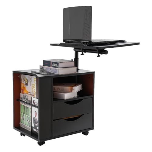 Gdetnysty Multifunktions BüCherregal 3 Ebenen Mit HöHenverstellbarer Tischplatte 2 Schubladen Rollen Und Zeitungshalter Drehbar Und Kippbar Als Nachttisch Leseregal FüR Schlafzimmer BüRo (Schwarz)
