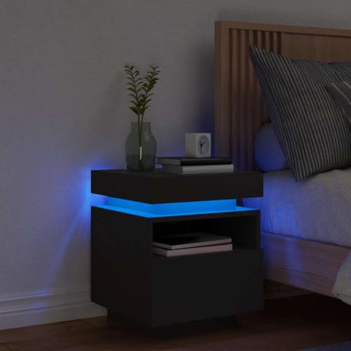 HaoChrymec Nachttisch mit LED-Leuchten, Holzwerkstoff, Schwarz, RGB-LED-Beleuchtung, Kommode mit Schubladen, Kleiner Beistelltisch für Schlafzimmer, 40x39x48.5 cm