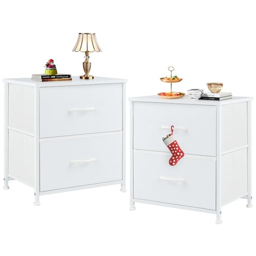 Sweetcrispy Nachttisch 2er Set, Nachttisch Beistelltisch, Stoff Schubladenschrank, Schmal Schrank, Kommode Schlafzimmer, Industrial Stil für Wohnzimmer, Kinderzimmer, Flur Aufbewahrungsschrank, weiß