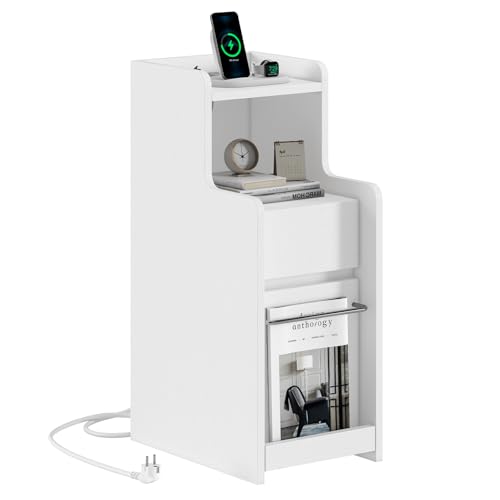 AOGLLATI Nachtschrank Schmal mit Ladefunktion Beistelltisch mit 2 Schubladen, Couchtisch, Nachtkommode mit Steckdosen, Nachtkästchen, Modern, für Schlafzimmer Wohnzimmer Arbeitszimmer (1, Weiß)