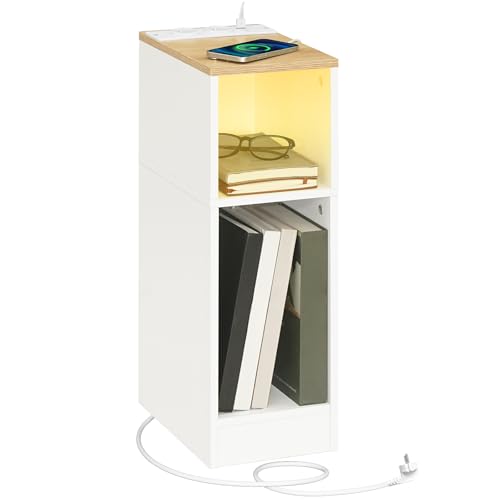 MAHANCRIS Beistelltisch mit Ladestation, Nachttisch mit Sensor-LED-Licht, Couchtisch, für Kleine Räume, Wohnzimmer, Schlafzimmer, Braun und Weiß AETNW25UE01