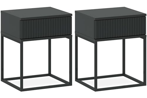 konsimo Nachttisch Rectus Nachtschrank, Modern, hergestellt in der EU - (2-St), mit Schublade, geriffelte Schubladenfront, Push-to-Open (anthrazit/schwarz)