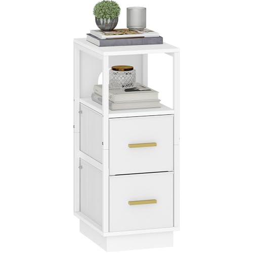 Hzuaneri Nachttisch, Beistelltisch mit Offenes Fach, Nachttisch Schmal mit 2 Stoffschublade, Modern, für Schlafzimmer, Wohnzimmer, 30 x 24 x 60 cm, Weiß NS52303W