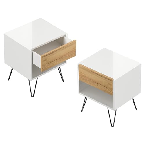 Lomadox Schlafzimmer Nachttisch Nachtschrank 2er Set mit je 41 cm Breite in weiß Hochglanz mit Eiche, mit 1 Schublade und 1 offenes Fach, Softclose & Push-to-Open, modern, grifflos