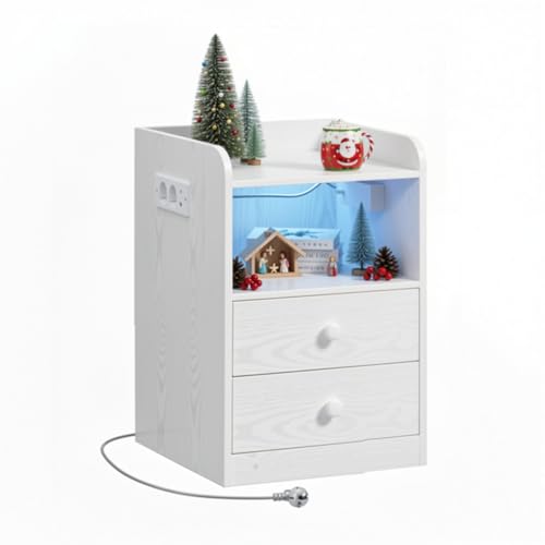 IRONCK Nachttisch mit Steckdose und LED, Beistelltisch mit 1 USB & 1 Typ-C Anschlusse, Nachtschrank 2 Schubladen&offene Fächer, Sofatisch für Wohnzimmer, Schlafzimmer, Arbeitszimmer, Weiß