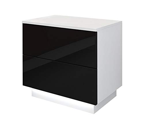 SEVICO Nachttisch mit LED-Beleuchtung, Nachtkommode, Beistelltisch, Hochglanz Nachtschrank 55 x 37 x 49 cm Weiß-Schwarz Nachtschrank für Schlafzimmer 2 Schubladen Push to Open