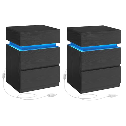 VASAGLE Nachttisch mit LED-Beleuchtung, 2er Set, Beistelltisch, einstellbare Farben, Sofatisch 3 Schubladen, Nachtschrank Schlafzimmer, modern, 35 x 40 x 55 cm, schwarz mit Holzmaserung LET0830B01