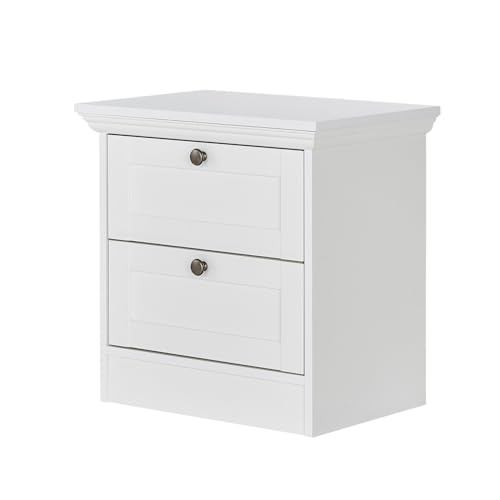 KHG Nachttisch weiß 1er Set, Nachtkommode mit 2 Schubladen im Landhausstil, Silberne Metall-Griff, Nachtkonsole fürs Schlafzimmer, Holzwerkstoff foliert, 50 x 50 x 35 cm