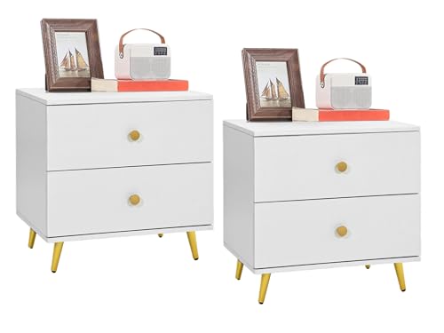 YITAHOME Nachttisch Weiß, Nachttische Nachtschrank Nachtkommode mit 2 Schubladen, Nachttisch Metall Holz mit Goldfarbenen Metallbeinen Beistelltisch Sofatisch für Schlafzimmer Wohnzimmer (2)