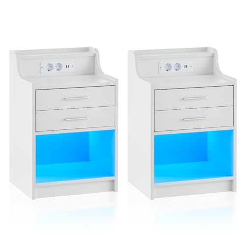 TUKAILAI Nachttisch mit Ladefunktion, Nightstand Weiß mit LED Sockel, Holz Beistelltisch mit 2 Schublade Lagerung, Nachtschrank für Schlafzimmer Modern Kommode Hochglanz 40 * 35 * 65 cm