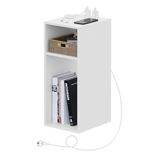 WOLTU Nachttisch mit Ladefunktion, schmaler Kleiner Beistelltisch mit 2 Steckdosen 2 USB-Anschlüssen, Couchtisch mit Stauraum, 2 offene Fächer, 25x60x30 cm, für Schlafzimmer, Weiß, NTS06ws