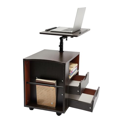 TanjcXliu Nachtschrank Nachttisch Nachttische Nightstand Höhenverstellbarer Nachttisch mit drehbarem Lifting-Tablett 2 Schubladen 4 Rollen 70-90 cm für Schlafzimmer, Wohnzimmer, Arbeitsplatz