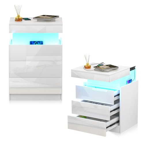 Lvhcmfohm Nachttisch Weiß 2er Set, Nachtschrank mit Led Licht und Steckdose, Nachtkommode mit 3 Schubladen und Versteckte Schiebeschränke für Wohnzimmer, Schlafzimmer (45x40x67cm)