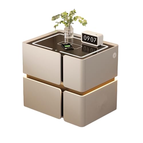 Dexinhdh Intelligenter Nachttisch Mit LED-Licht, Schwebender Nachttisch Mit Ladestation Und 2 Schubladen, Arbeitsplatte Aus Gehärtetem Glas, Beistelltisch Aus Holz(B,45cm)
