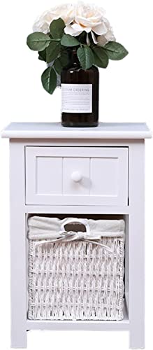 ZMYJTO Weißer Schlafzimmer-Nachttisch mit geflochtenem Weidenkorb und Schubladen-Aufbewahrungs- Nachttisch Shabby Chic-Nachttisch für Wohnzimmer-Kleinmöbel