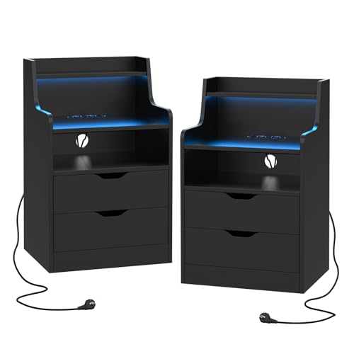 PIPIPOXER 2er Set Nachttisch LED mit Steckdose, Nachttisch Schwarz mit LED-Beleuchtung, Nachtschrank mit 2 Schublade und 2 Offenem Fach, Beistelltisch Nachtschrank für Schlafzimmer, 45x35x72.5cm