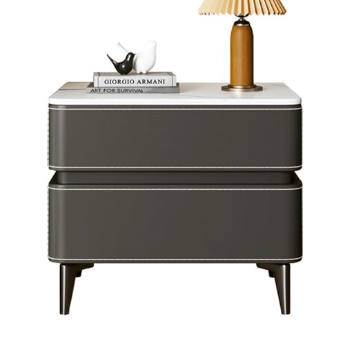 Nachttisch aus Leder, luxuriöser Nachttisch aus Massivholz mit 2 Schubladen, schlichter Nachttisch mit großer Kapazität und Edelstahlhalterung für Schlafzimmer (B 38 cm, Dunkelgrau) (Dunkelg