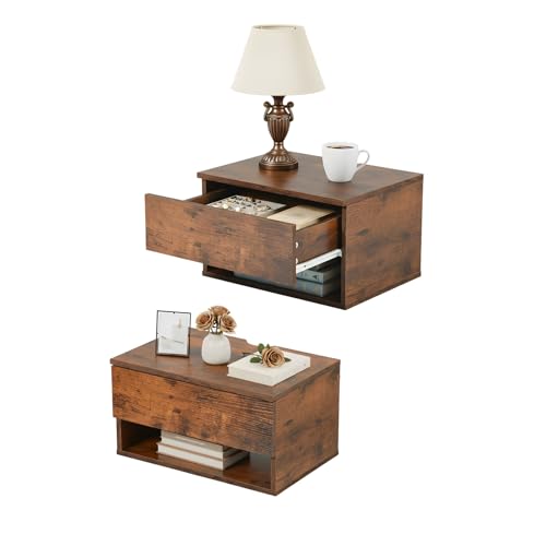 EGGREE 2er Set Nachttisch hängend,schwebendes Wandregal, Schublade, 40x30x22.5cm, modern, Wohnzimmer Schlafzimmer, Stabiler Holztisch mit Offener Ablage,Vintage Braun