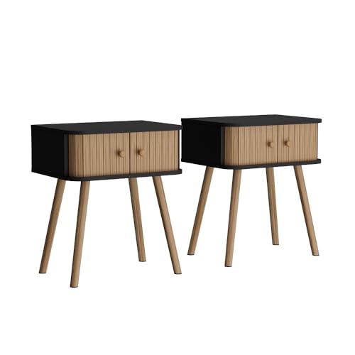 Vicco Nachttisch Germo, Anthrazit/Bambus, 40 x 47 cm 2-er Set