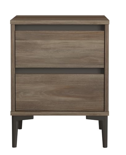 HowHomely Nachttisch mit 2 Schubladen | Nachtschrank in Dunkler Eichenfarbe | Nachtkästchen 58,6x45x45 cm | Beistelltisch Bett auf Metallbeinen | Nachttischschrank für Schlafzimmer