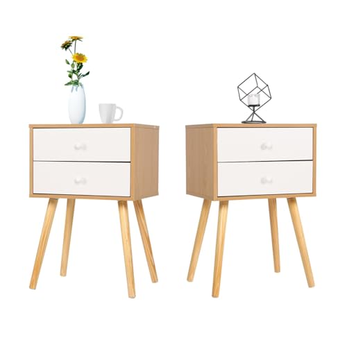 mymai Nachttisch, Nachtschrank mit 2 Schublade, Holz Modern Nachtkommode mit Massivholzfüßen, Nachtkästchen, Beistelltisch für Schlafzimmer Wohnzimmer, Sofa, 40x30x60cm, Weiß (2)