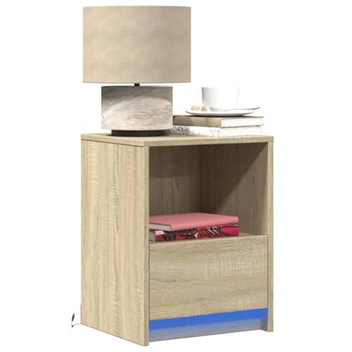 HaoChrymec Nachttisch mit LED-Leuchten, Sonoma Eiche Holzwerkstoff, RGB-LED-Beleuchtung, Kommode mit Schubladen, Kleiner Beistelltisch für Schlafzimmer und Wohnzimmer, 38x34x50 cm