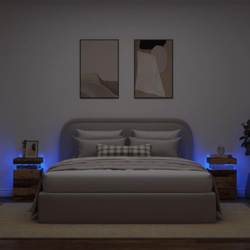 KTHLBRH Nachttische mit LED, 2 Stück, antikes Holz, Nachttisch mit LED-Lichtern und Aufbewahrung, moderner Beistelltisch für Schlafzimmer, 35 x 39 x 55 cm