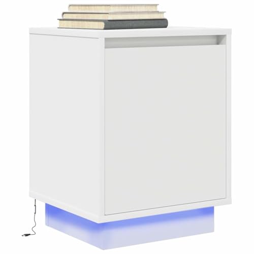 HaoChrymec Nachttisch mit LED-Leuchten Weiß, Holzwerkstoff, RGB-Beleuchtung, Praktischer Stauraum, Beistelltisch für Schlafzimmer, Nachttisch Weiß, 38x34x50 cm