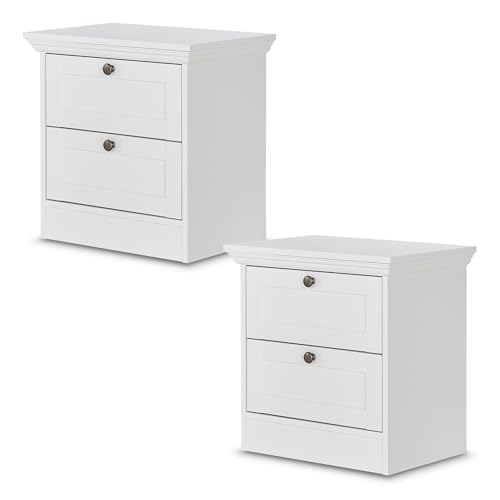 KHG Nachttisch weiß 2er Set, Nachtkommode mit 2 Schubladen im Landhausstil, Silberne Metall-Griff, Nachtkonsole fürs Schlafzimmer, Holzwerkstoff foliert, 50 x 50 x 35 cm