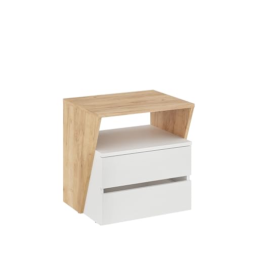 KOMTO Nachttisch mit 2 Schubladen - Nachtschrank, Nachtkästchen mit offenes Fach, Nachtkonsole für Schlafzimmer | Bedside Table Weiß/Honig Eiche Shift 50 x 50 x 40 cm