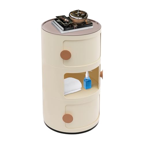 YEITBY Runder Nachttisch, Nachttisch Mit 3 Schubladen, Kleiner Schrank mit 3 Schubladen, für Wohnzimmer, Schlafzimmer, Badezimmer, schmaler Raum, 32 x 32 x 58 cm (Beige)