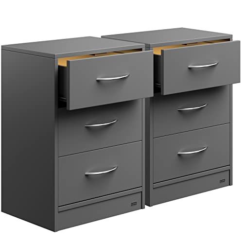 Casaria® Nachttisch 2X Anthrazit LED 3 Schubladen Kabelführung Wandbefestigung Boxspringbett Schlafzimmer Nachtschrank Nachtkonsole Nachtkommode 54x39x28cm