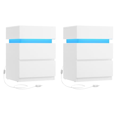 VASAGLE Nachttisch mit LED-Beleuchtung, 2er Set, Beistelltisch, einstellbare Farben, Sofatisch 3 Schubladen, Nachtschrank Schlafzimmer, modern, 35 x 40 x 55 cm, weiß LET0830W01