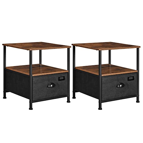 SONGMICS Nachttisch, Nachtkommode, 2er Set, Beistelltisch, zur Aufbewahrung, mit Schublade, 2 Ablagen, Industriestil, für Wohnzimmer, Schlafzimmer, vintagebraun-schwarz