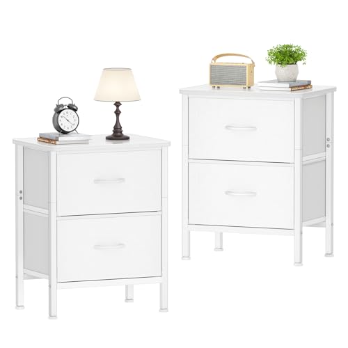 HOMIDEC Nachttisch 2er Set, Beistelltisch mit Metallrahmen und 2 großen Stoffschubladen für Schlafzimmer, Wohnzimmer, Weiß, 42 x 30 x 55 cm