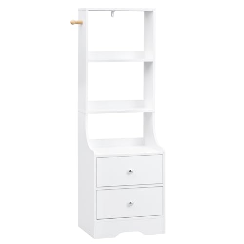 WOLTU Nachttisch Bücherregal mit 2 Schubladen, 3 offenen Ablagen, Haken, Nachtschrank hoch, platzsparend, Nachtkommode Holz modern, für Schlafzimmer Arbeitszimmer, Weiß, NTS18ws