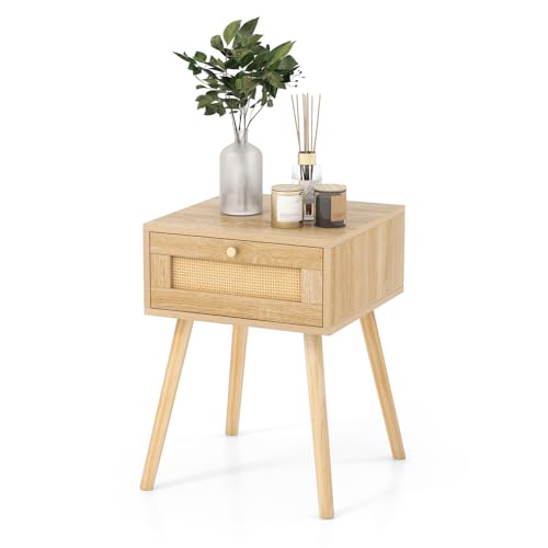 KOMFOTTEU Nachttisch mit Rattan-Design, Beistelltisch aus Holz, schmaler Nachtkonsole mit Kiefernbeinen, Nachtkommode für Schlafzimmer, Wohnzimmer, 40 x 40 x 55 cm, Natur (1)