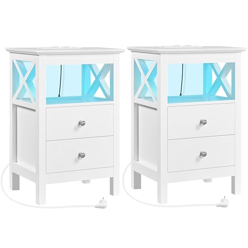 Yaheetech 2er Set Nachttisch mit Ladestation Nachtschrank mit LED-Leuchten 40 x 30 x 60 cm Nachtkommode mit 1 Offene Ablage & 2 Schubladen für Schlafzimmer Weiß