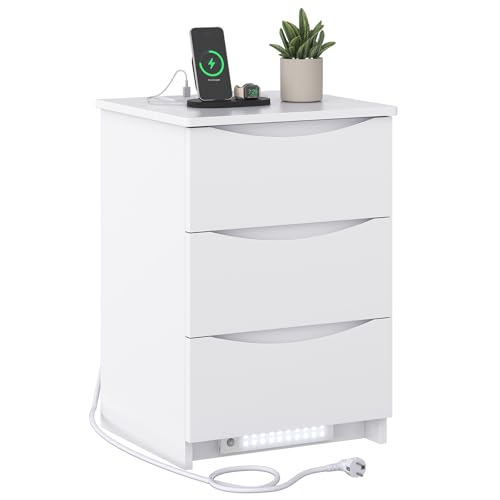 Brinlawb Nachttisch mit LED-Beleuchtung und Ladestation (2 AC-Steckdosen & 2 USB-Anschlüsse), Nachtschrank mit 3 Schubladen Beistelltisch Sofatisch für Schlafzimmer, Wohnzimmer, Einfache Montage, Weiß