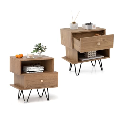 RELAX4LIFE Nachttisch 2er Set, Beistelltisch mit Schublade & Offenem Regal, 44 x 29 x 47 cm, Nachtkommode mit Metallbeine, Sofatisch Landhausstil, Couchtisch für Schlafzimmer Wohnzimmer Arbeitszimmer